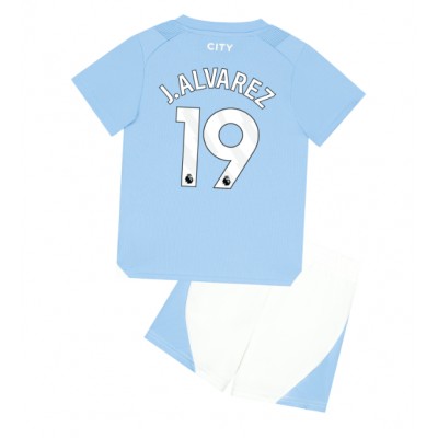 Fotballdrakt Barn Manchester City Julian Alvarez #19 Hjemmedraktsett 2023-24 Kortermet (+ Korte bukser)